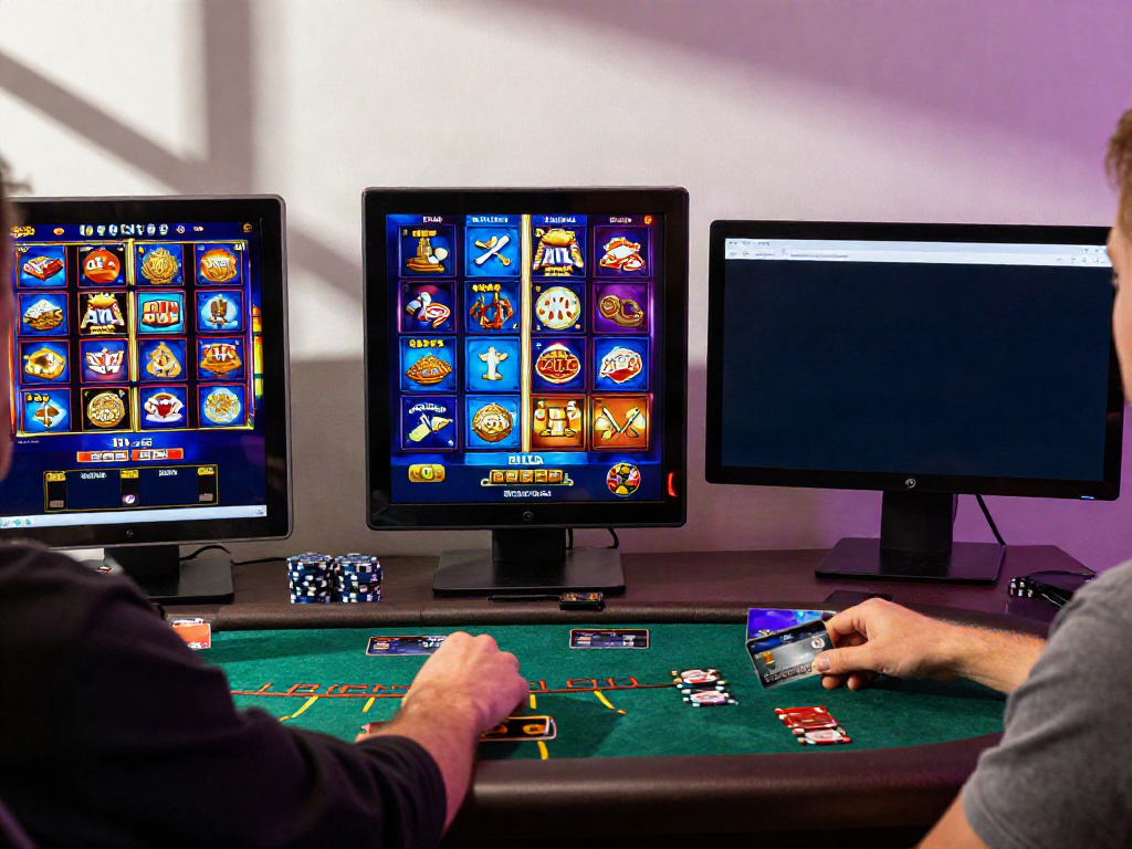 Player engaging with online casinos that accept credit cards, surrounded by vibrant gaming displays and banking apps.
