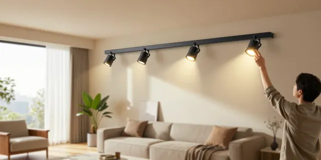 Spoturi LED pe sina magnetică în iluminat modern pentru interior.
