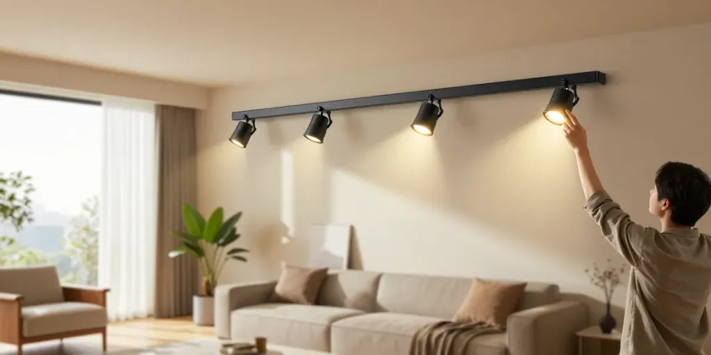 Spoturi LED pe sina magnetică în iluminat modern pentru interior.