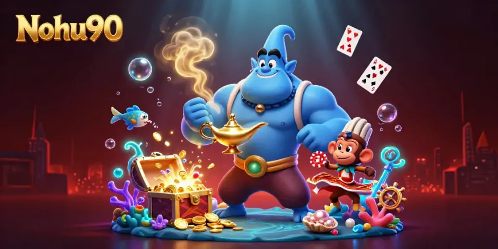 Experience the thrilling magic of Nohu90 with a genie and treasures in this vibrant casino scene.