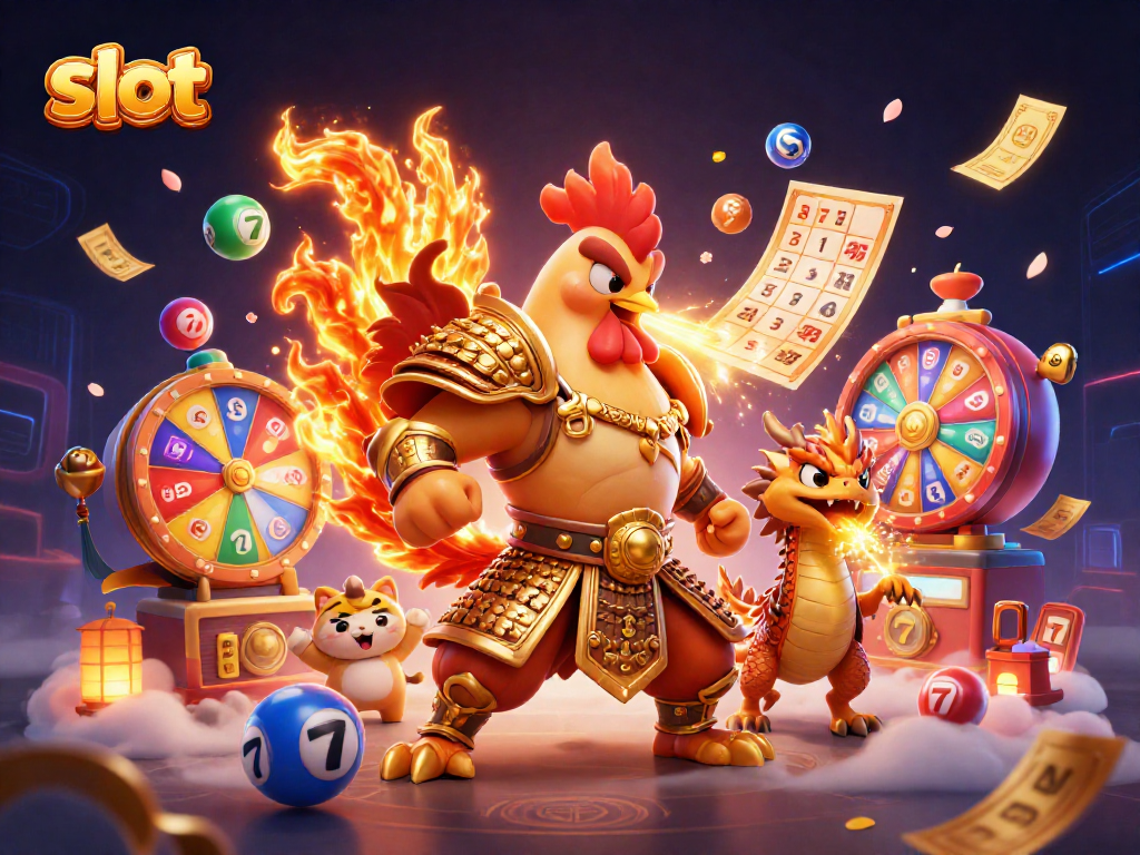 Engage in exciting slot gaming with a dynamic scene featuring a powerful rooster warrior and a dragon hatchling.