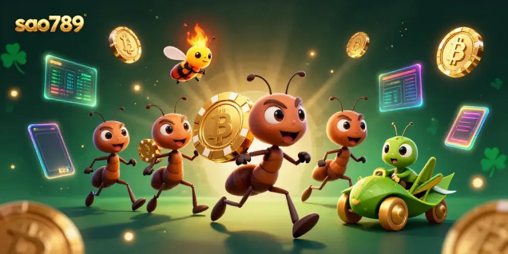 Experience the thrill of gaming with sao789 as ants steal a giant poker chip amidst glowing crypto coins.