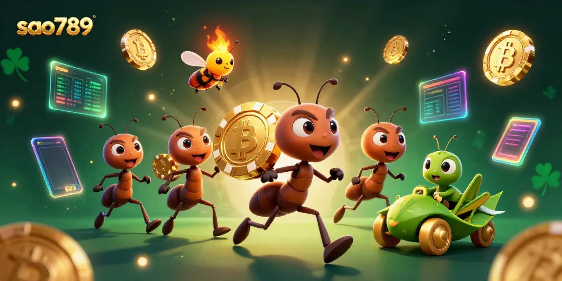 Experience the thrill of gaming with sao789 as ants steal a giant poker chip amidst glowing crypto coins.