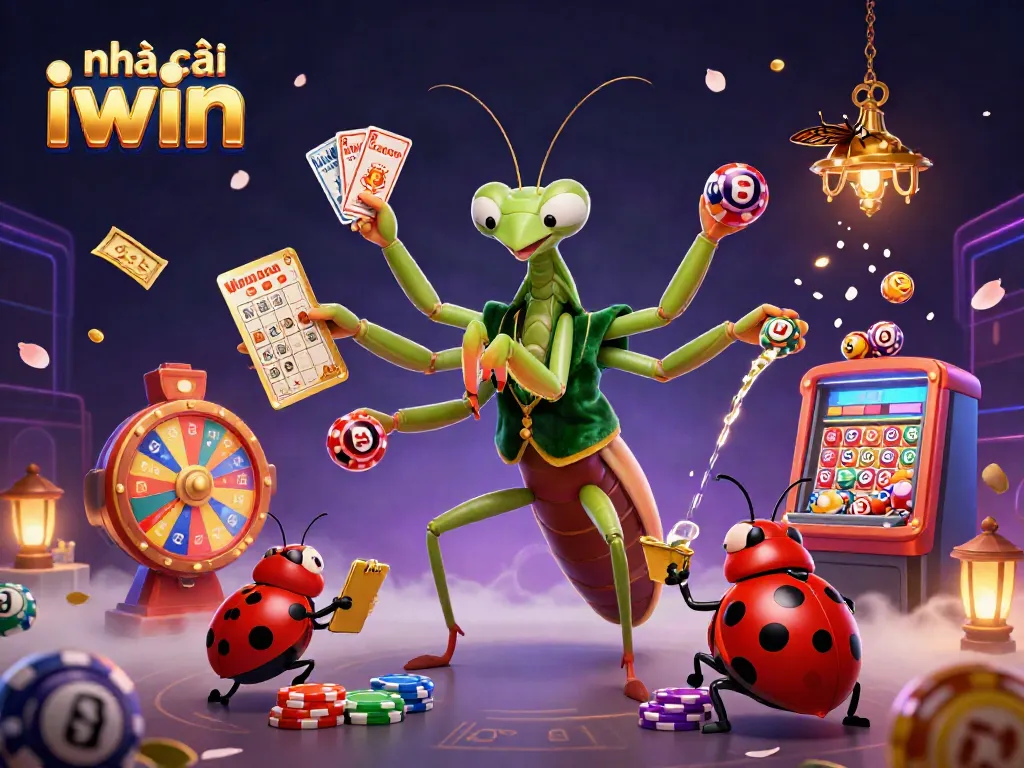 Engage with the dynamic world of nhà cái iwin featuring a vibrant 3D casino scene with colorful lottery balls and cheerful characters.