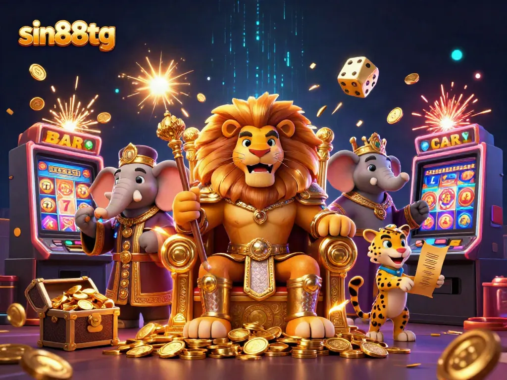 Experience thrilling casino adventures with sin88tg featuring a majestic lion king, wise elephant, and swift cheetah amidst rich gaming elements.