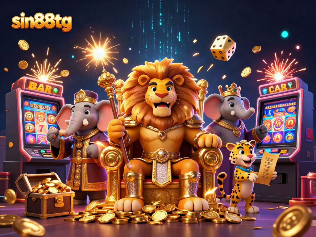 Experience thrilling casino adventures with sin88tg featuring a majestic lion king, wise elephant, and swift cheetah amidst rich gaming elements.