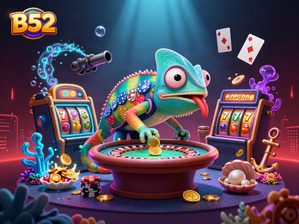 Play with the vibrant B52 casino experience as a lively chameleon owner engages players with dynamic slot games.