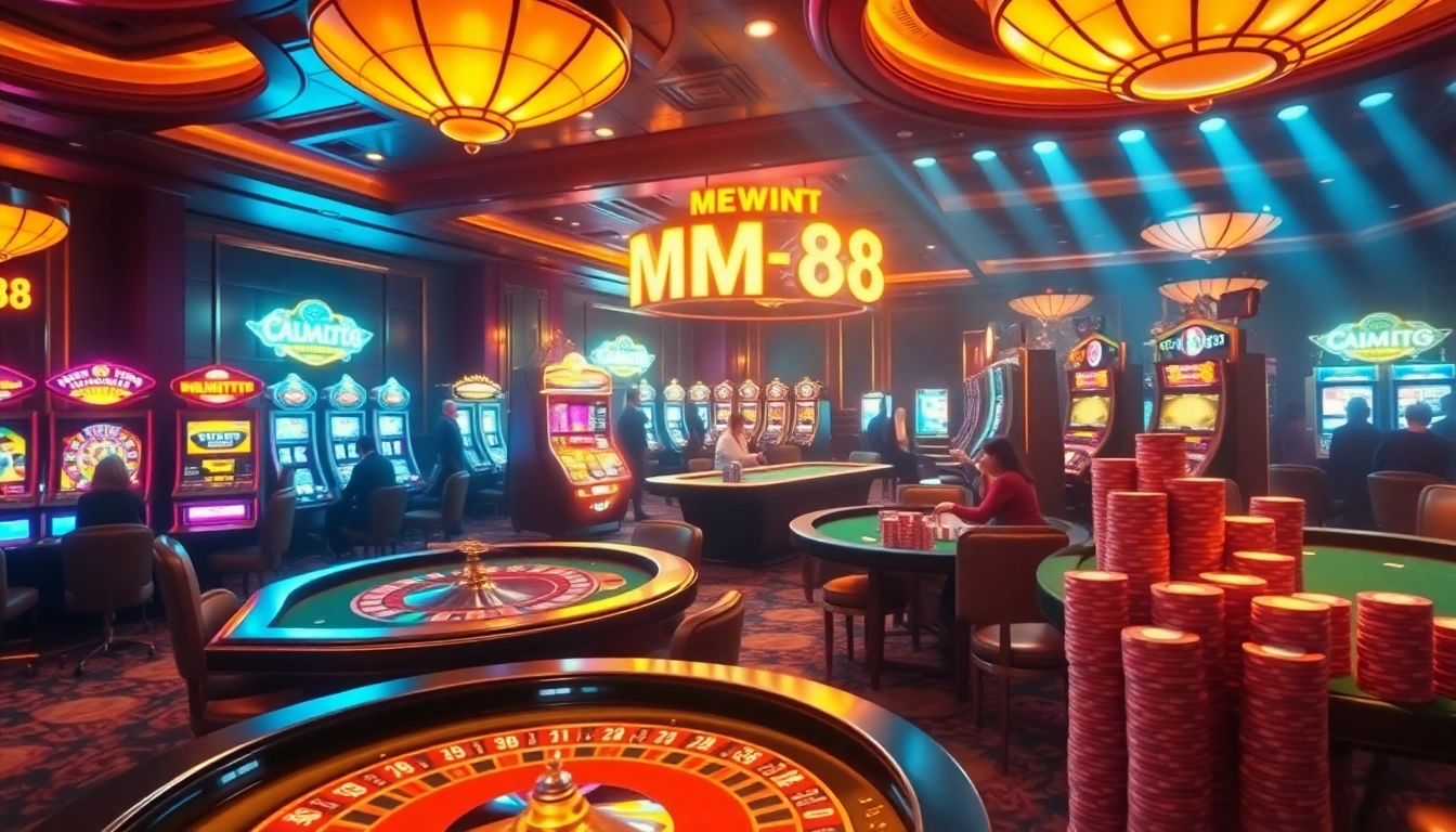 Experience the thrill of gambling action at MM88 Casino, featuring tables, slots, and vibrant gaming ambiance.