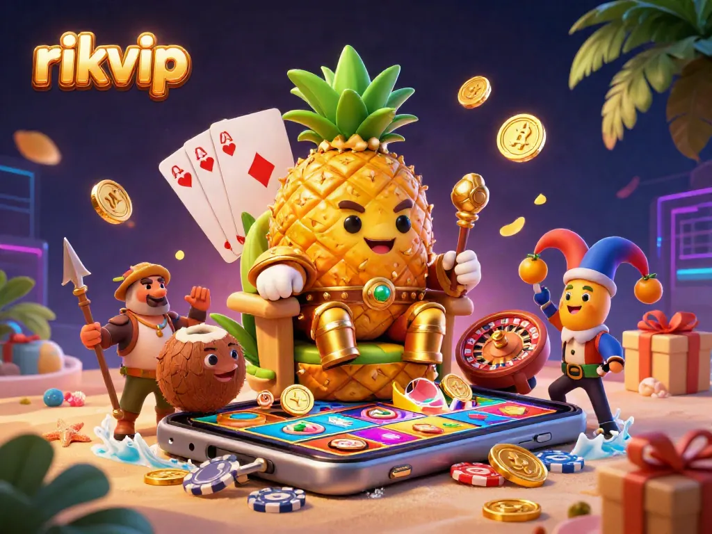 Engage with the rikvip casino experience featuring a vibrant and dynamic scene of the golden pineapple king surrounded by casino action.
