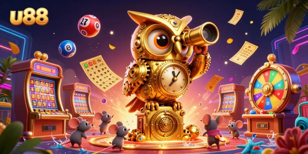 Engage with u88's vibrant casino scene featuring a clockwork owl and lively slot machines.