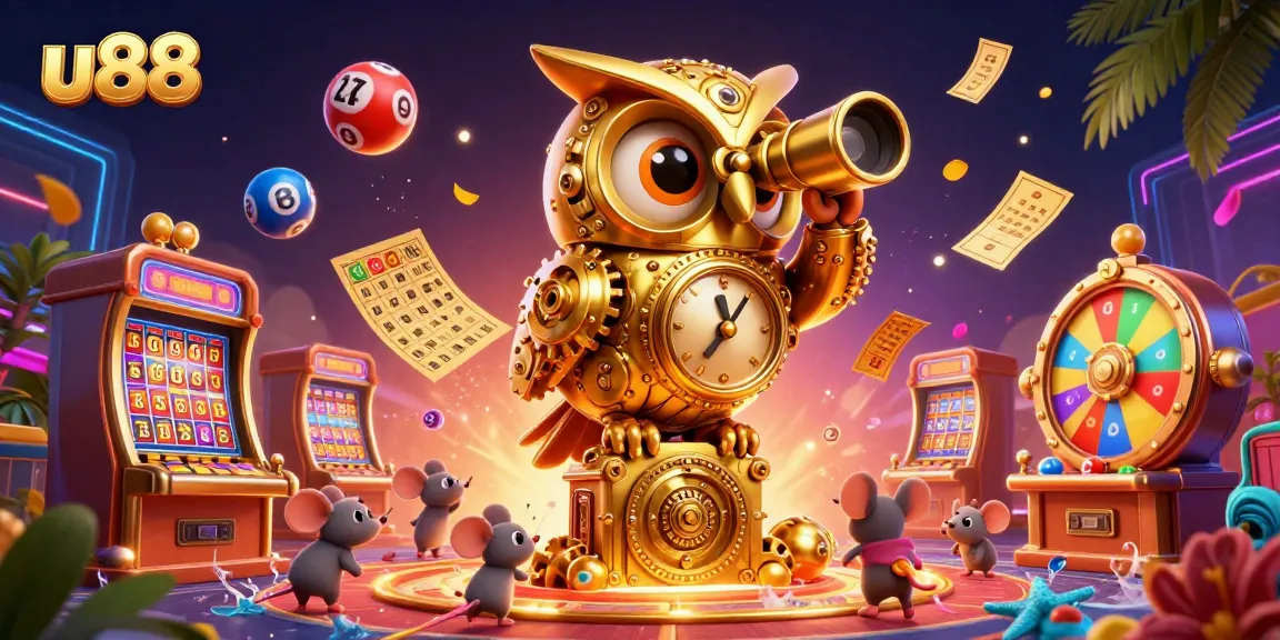 Engage with u88's vibrant casino scene featuring a clockwork owl and lively slot machines.
