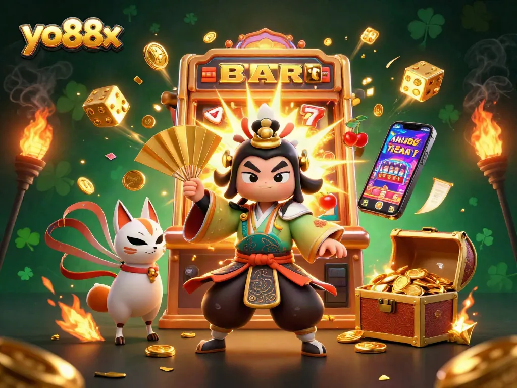 Experience thrilling jackpots with yo88x in this vibrant casino-themed illustration packed with action.
