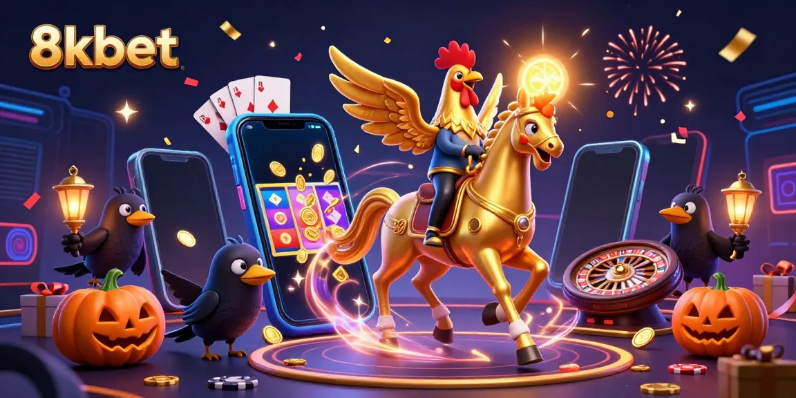 Play games and win with 8kbet’s exciting casino scene featuring a golden rooster and festive elements.