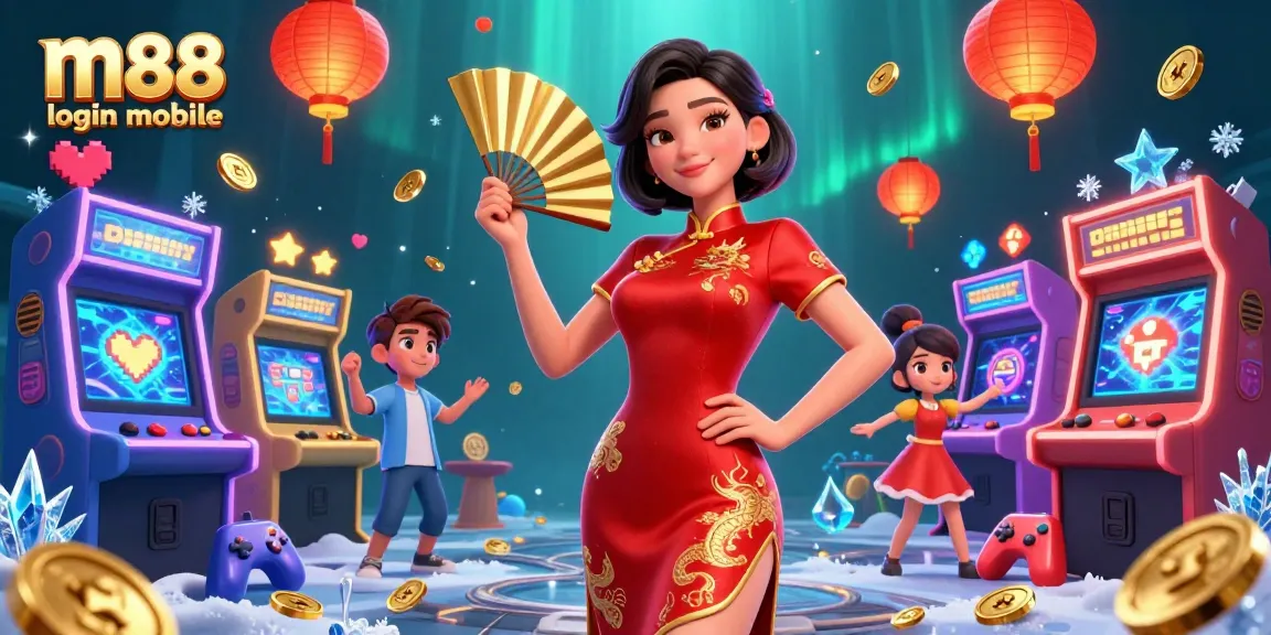 Win big with M88 login mobile, featuring a vibrant Asian woman amidst gold coins and game machines.