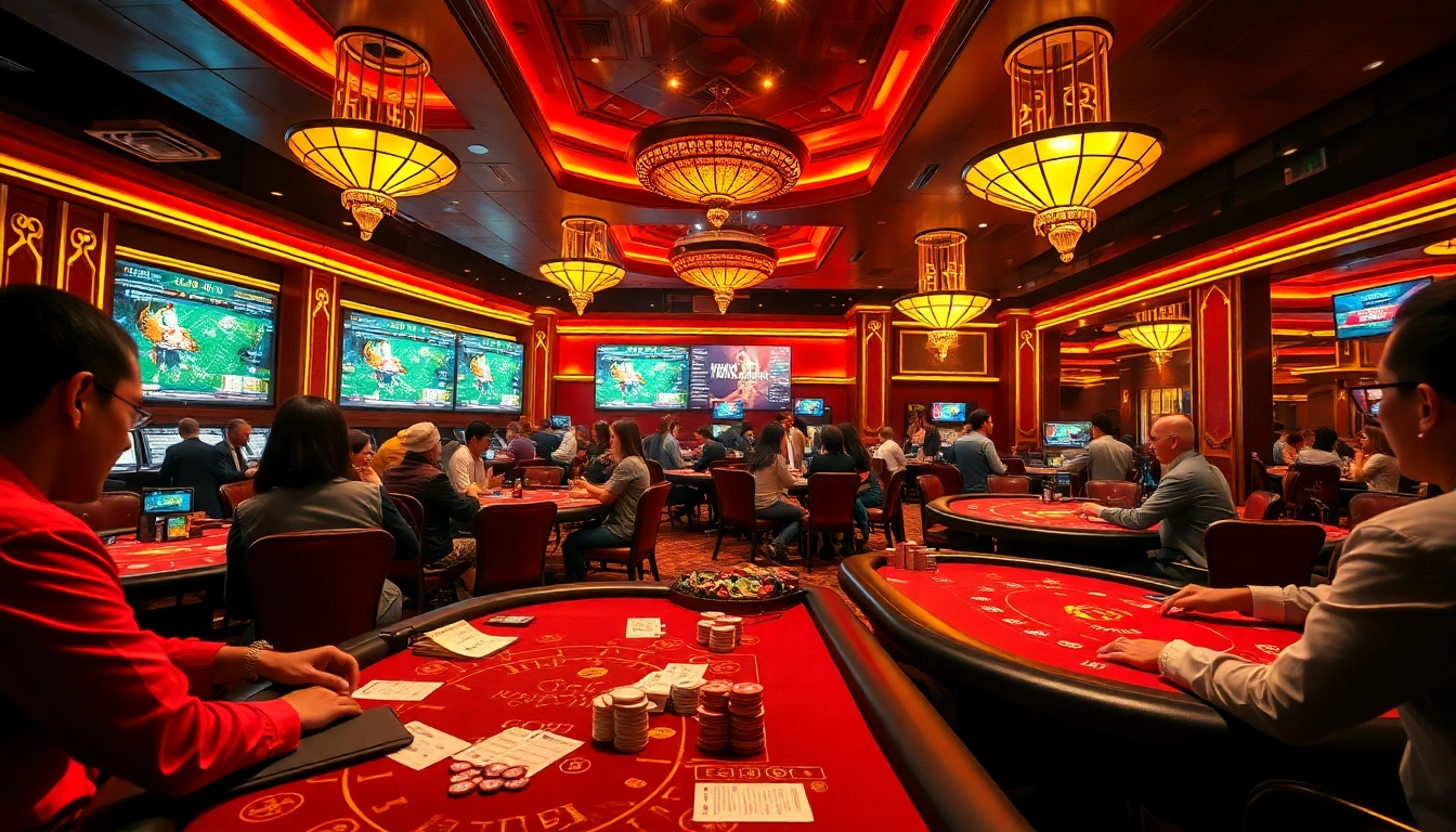 Exciting scene of xem trực tiếp đá gà gavb79 with gamblers at a lively casino, live betting, and vibrant atmosphere.