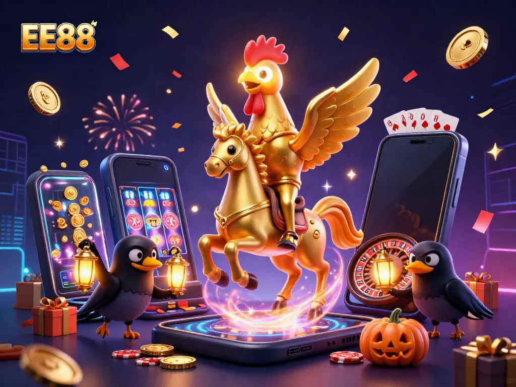 Play thrilling games at EE88 with a golden rooster and its spirited companions in a vibrant casino.