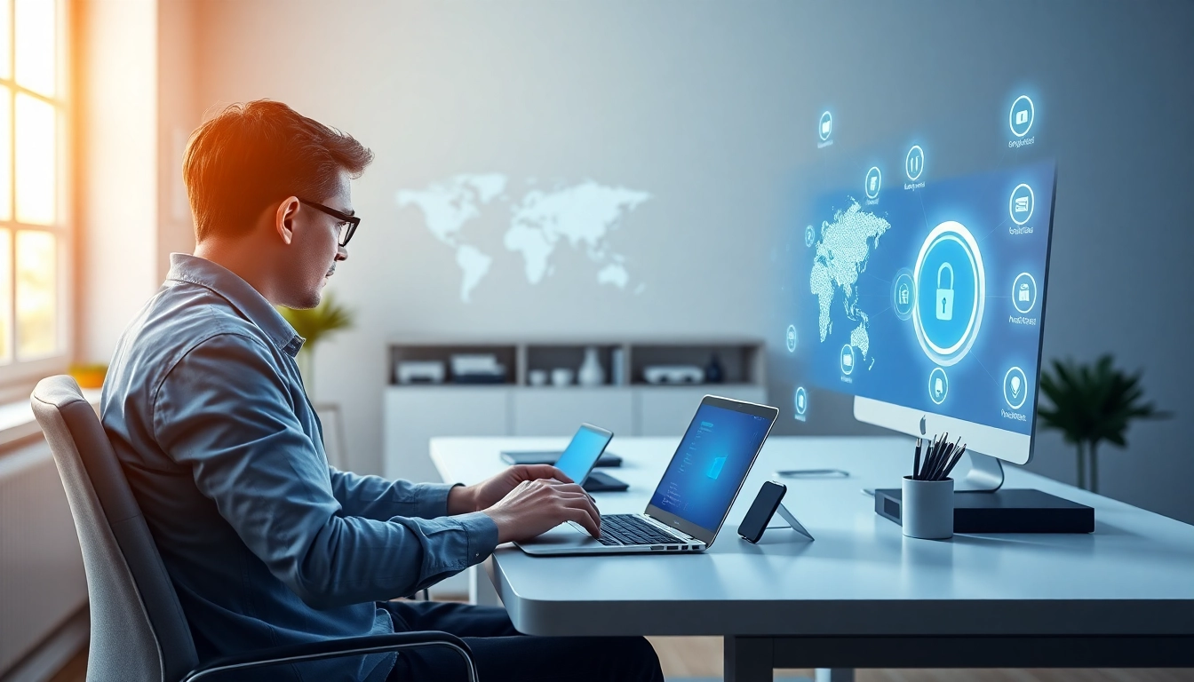 快连官网 offers a modern office setup demonstrating seamless connectivity across devices for enhanced productivity.