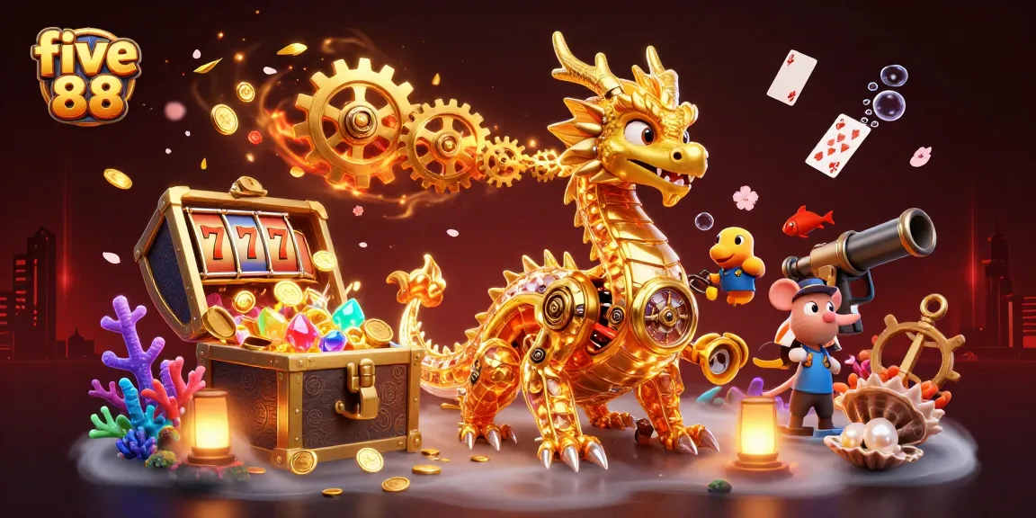 Experience thrilling gaming with five 88, featuring a golden dragon amidst slot reels and treasures.