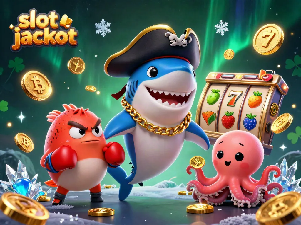 Experience the thrill of slot jackpot action with pirate shark, pufferfish, and octopus in an energetic casino scene