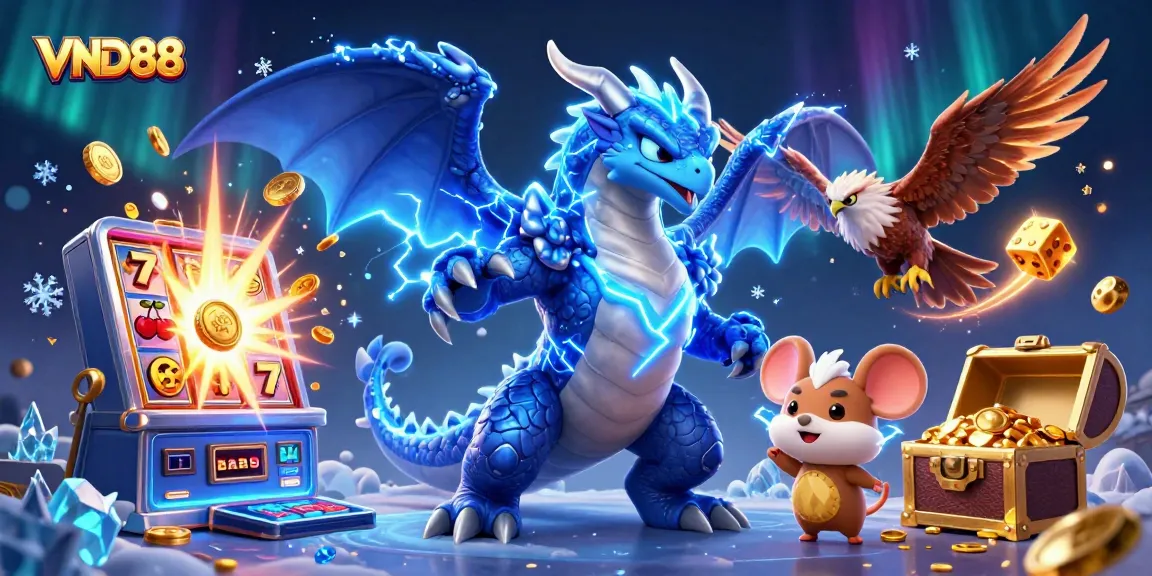 Experience the thrill of VND88 with vivid gaming symbols and epic characters in a magical casino scene.
