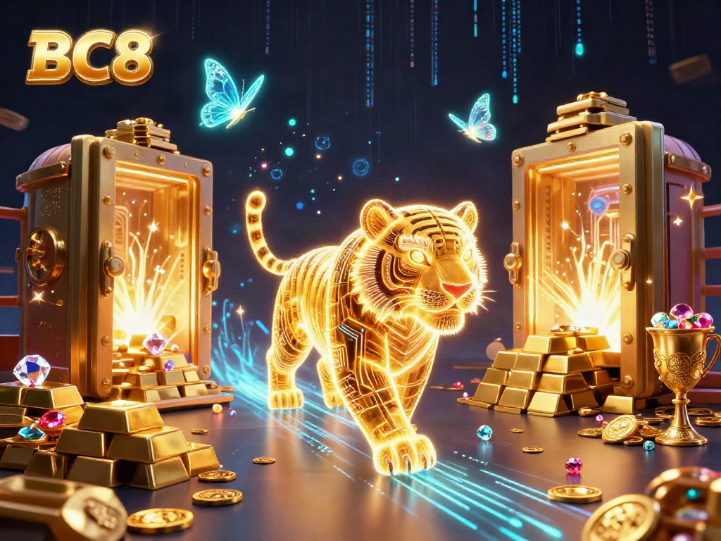 Experience BC8's vibrant casino arena with a neon tiger and treasure in dazzling 3D artwork