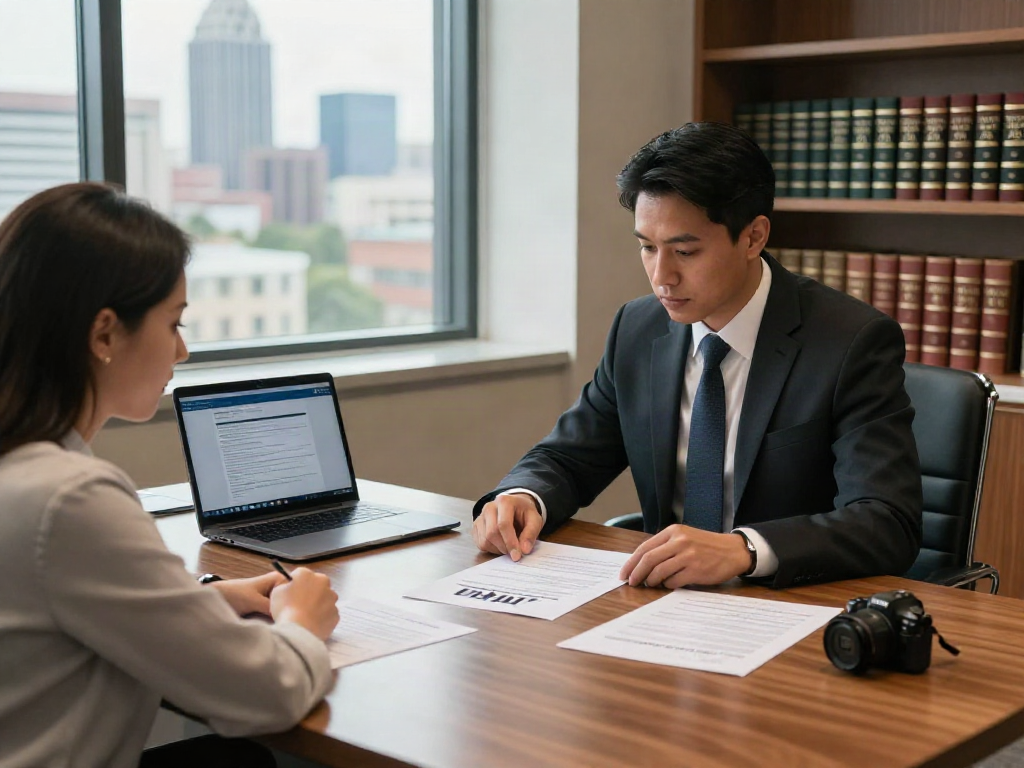 DUI lawyer Marietta consulting with a client in a modern office.
