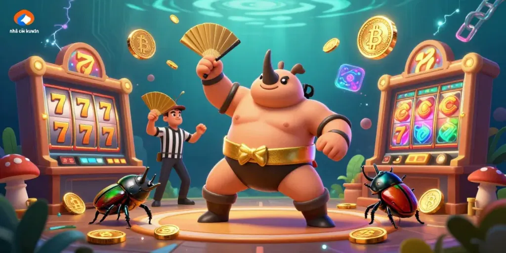 Engage with nhà cái kuwin in a vibrant casino atmosphere featuring a sumo beetle champion and slot reels.