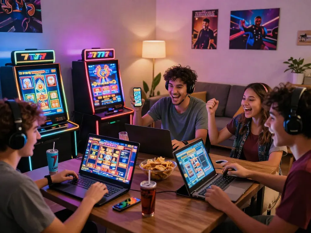 Friends enjoying slot777 games together in vibrant living room setting.
