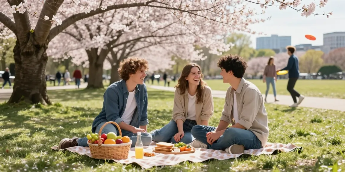A young couple enjoying a picnic in a park, conveying the joy of having a crush on someone surrounded by friends and blooming flowers.