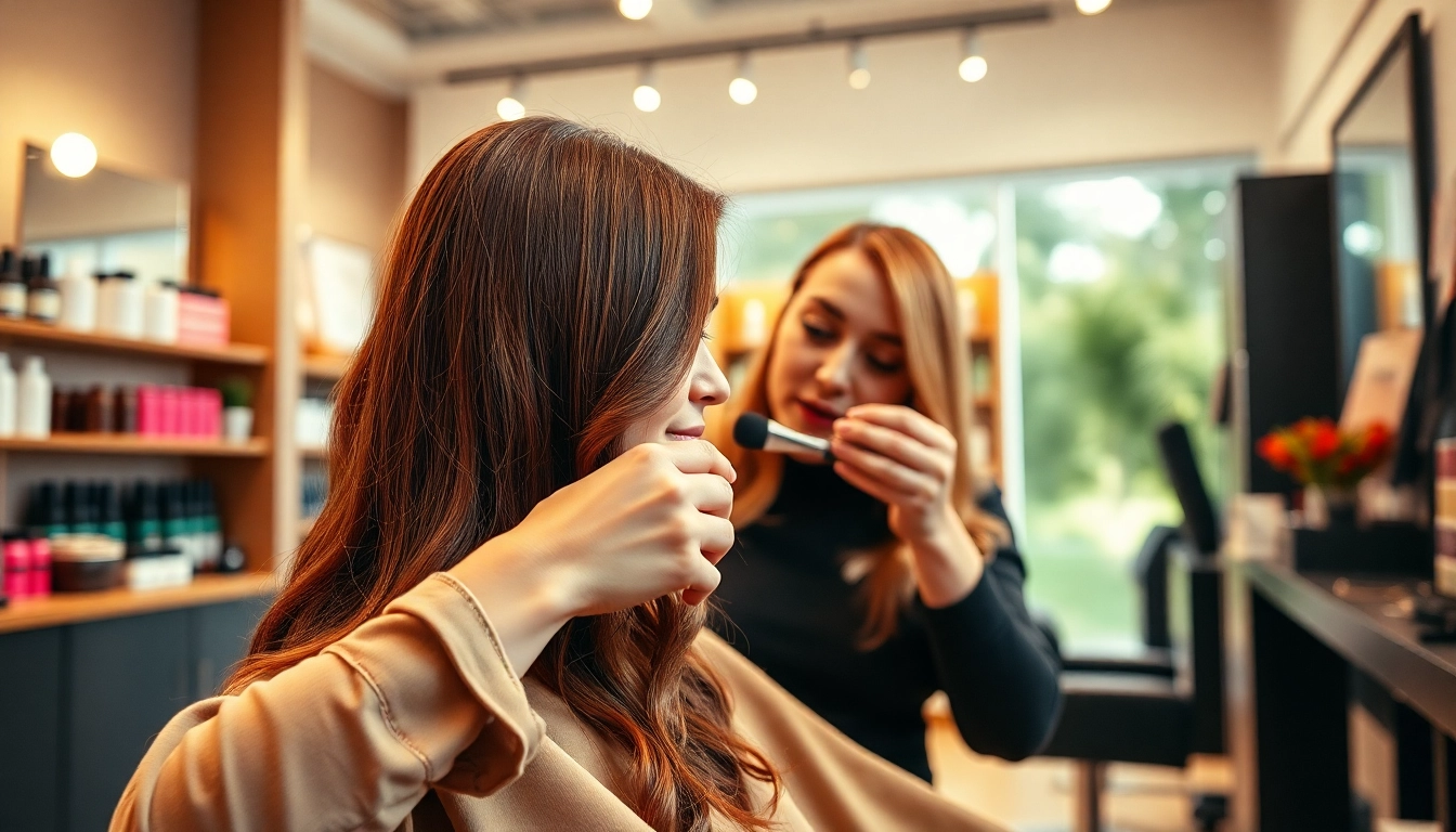 Hair colour specialist expertly applying auburn dye in a vibrant salon setting.