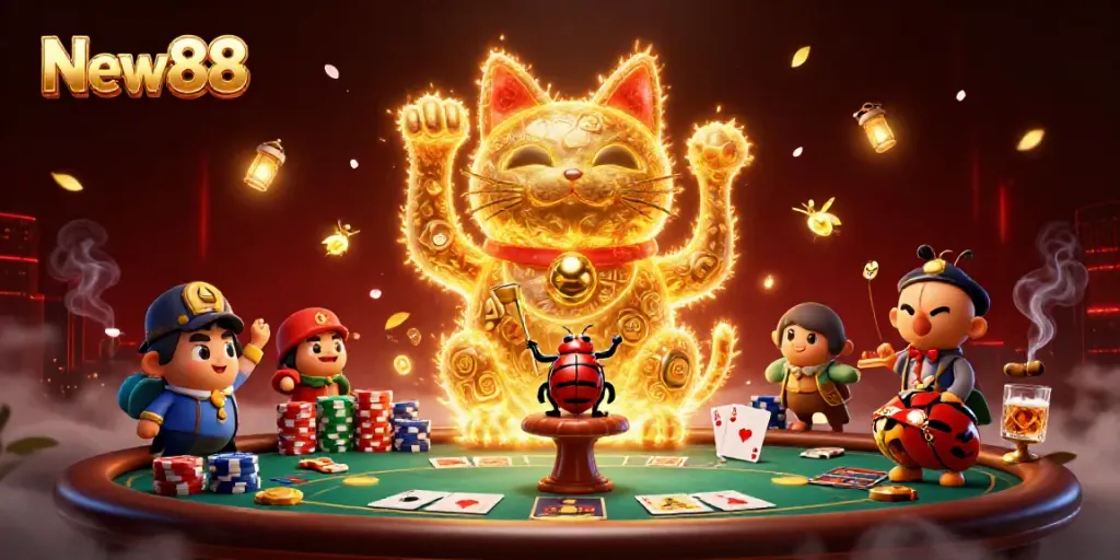 Experience the enchanting New88 casino world with a giant cat and golden fireflies in a dynamic gaming scene.
