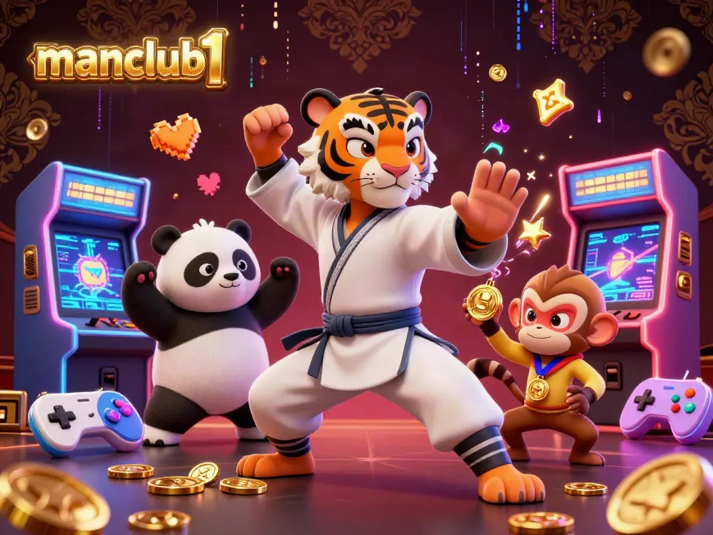 Experience thrilling gameplay at manclub1 with a dynamic 3D illustration of a kung fu tiger, panda disciple, and monkey, featuring vibrant gaming elements.