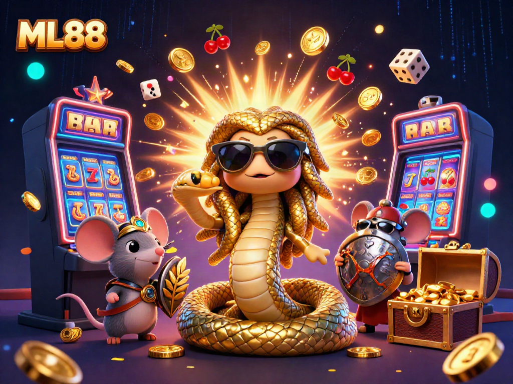 Experience excitement with ML88, featuring a vibrant slot machine explosion and interactive characters.