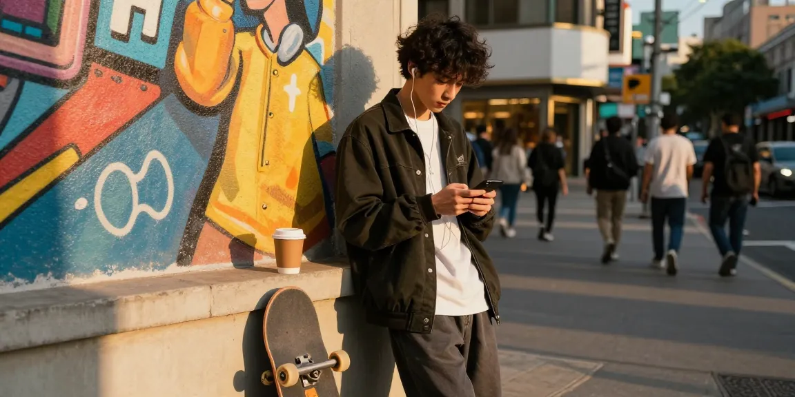 Youth in chic streetwear engaging with their smartphone, capturing the essence of modern rokok88 lifestyle against a vibrant mural.