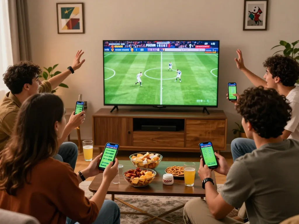 Friends enjoying a football match while checking 1gom betting odds on their smartphone.