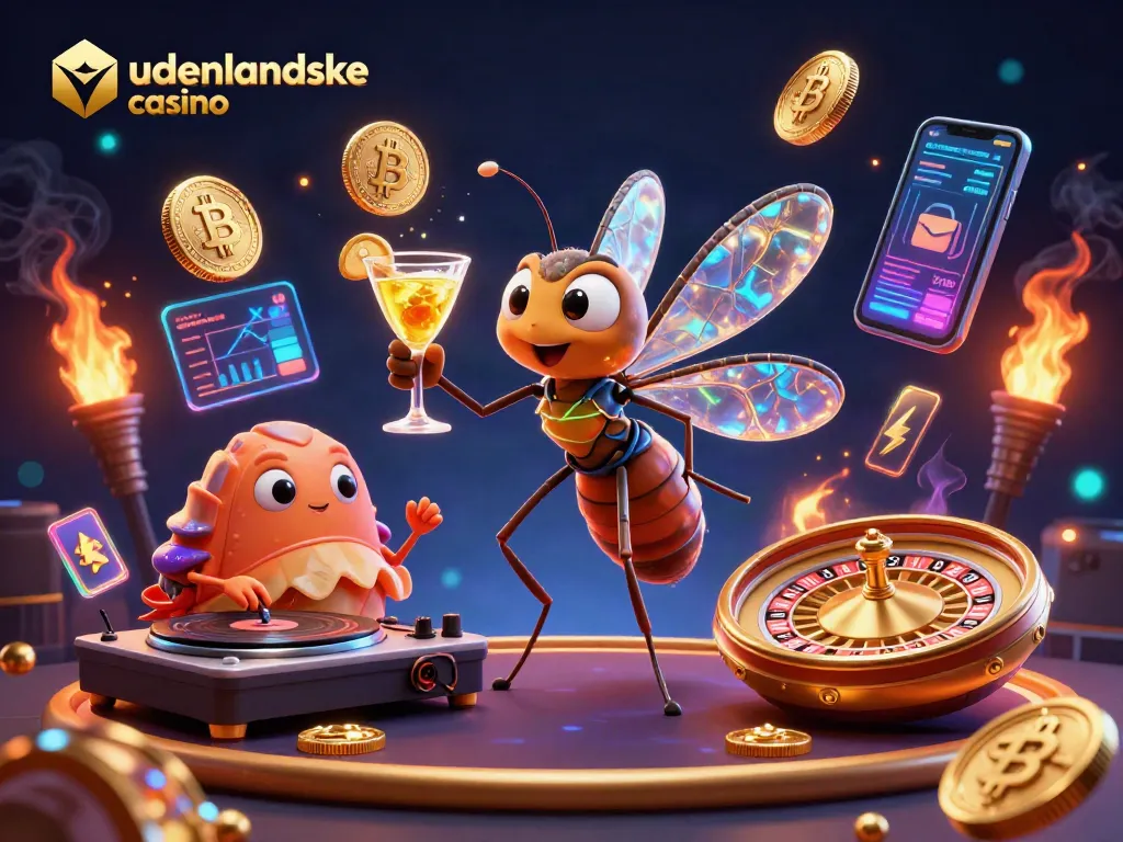 Experience thrill at udenlandske casino with a vibrant 3D scene of unique characters and glowing elements.