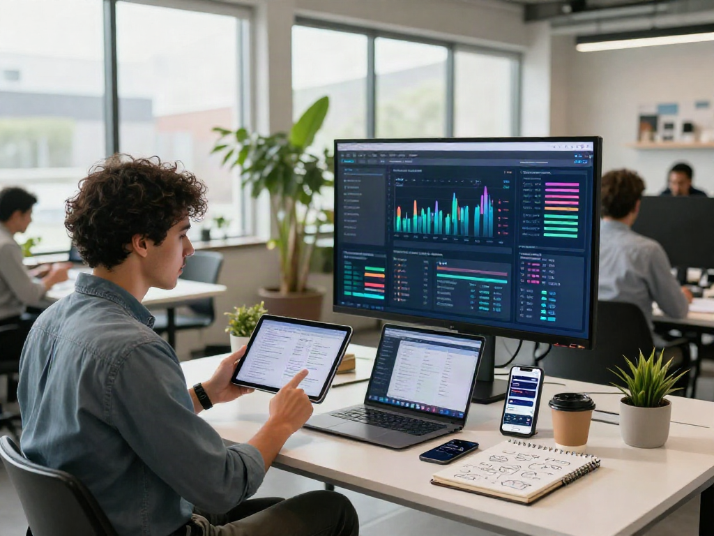 Marketer analyzing data in a vibrant co-working space, revealing how to crush on digital marketing strategies.