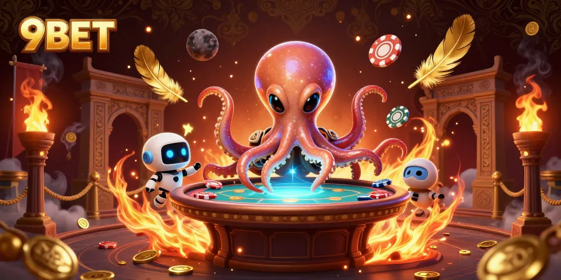 Experience 9BET's thrilling poker action with an alien octopus in a holographic casino scene.