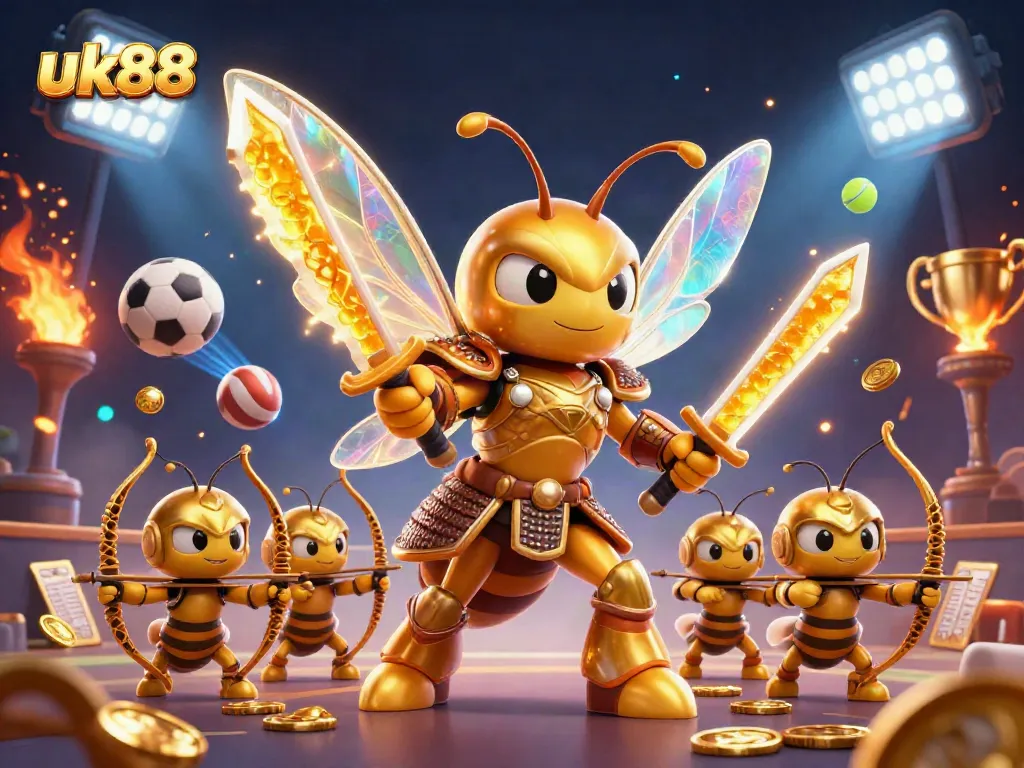 uk88 sports betting with a golden hornet warrior and dynamic elements in an engaging casino scene.