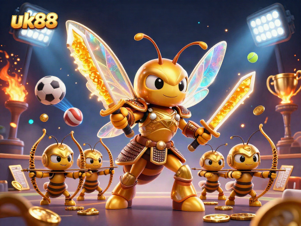 uk88 sports betting with a golden hornet warrior and dynamic elements in an engaging casino scene.