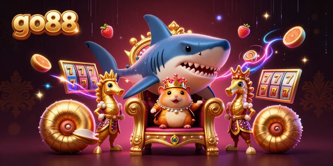 Experience excitement with go88, featuring a golden hamster king and dynamic slot elements in a vibrant casino scene.