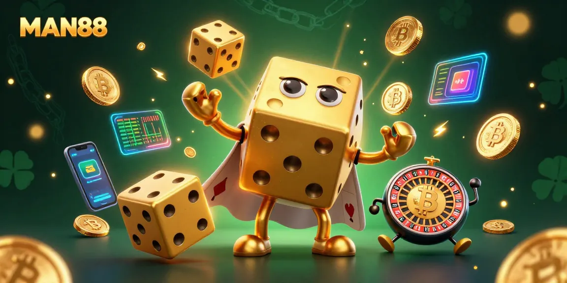 Experience thrilling action at MAN88 with a dynamic illustration of a golden dice golem juggling dice and crypto coins.