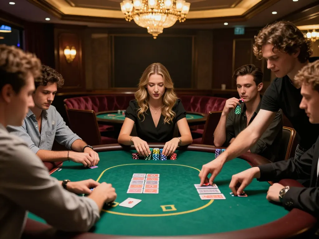 VA88 poker game scene with players focused on their cards and chips in a luxurious casino setting