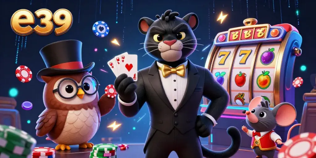 Betting on e 39 with a stylish black panther dealer, owl, and lucky mouse amid vibrant casino themes