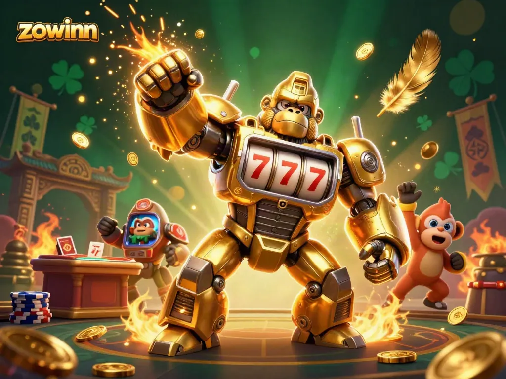 Zowinn's exciting online casino adventure showcases a mech gorilla and monkey pilot amidst vibrant live casino elements.
