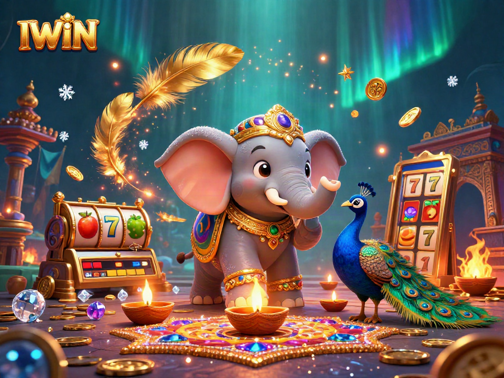 IWIN casino features a colorful 3D elephant surrounded by dazzling slot elements and festive decorations.