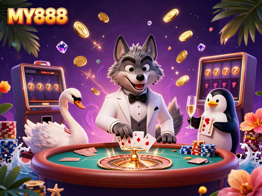 Experience thrilling gameplay with MY888 featuring baccarat and luxury characters in a vibrant casino scene.