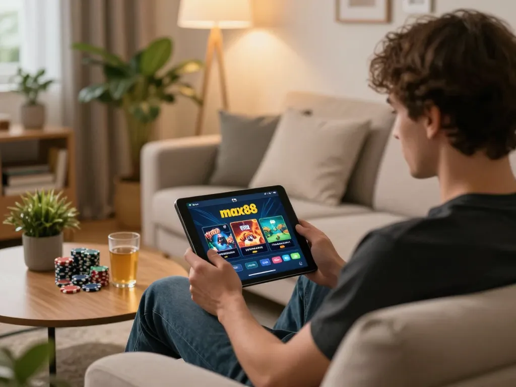 Enjoying the max88 online casino experience from a cozy living room setup with a tablet