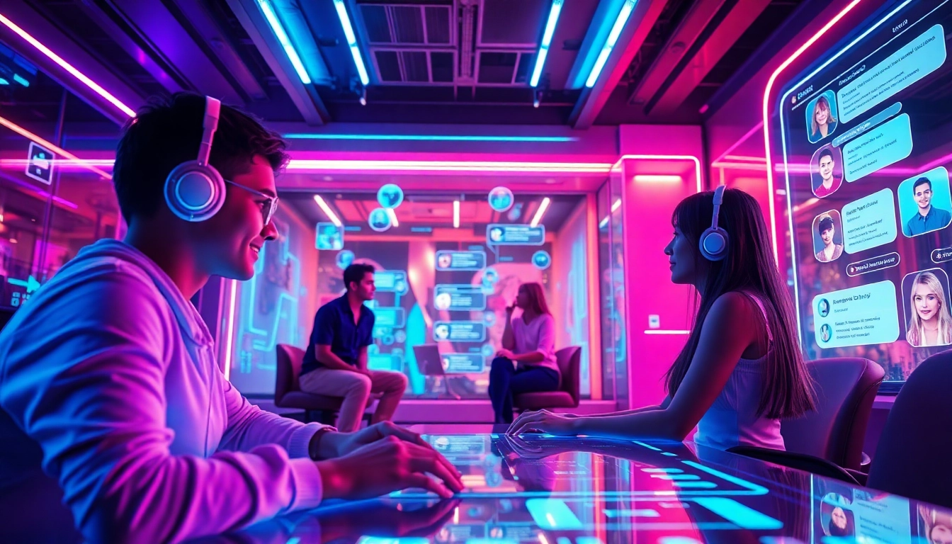 Engaging scene of CrushOnAI characters in a vibrant digital chat environment.