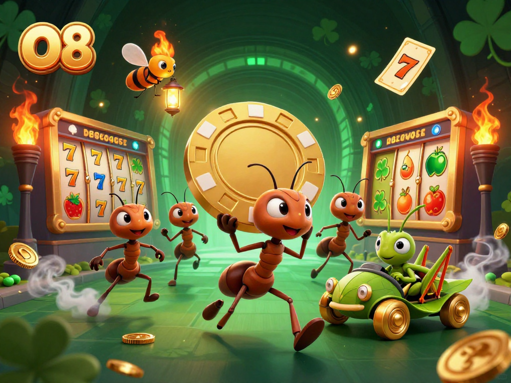 O8 ants carry a giant poker chip in a colorful casino tunnel heist scene.